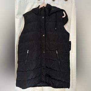 Long Black Puffer Vest with Detachable Hood
